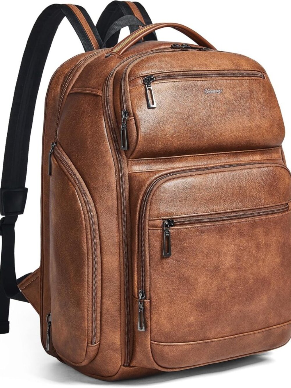 Expandable Vegan Leather Backpack, 40L Travel Bag for Laptops, USB Port, Brown